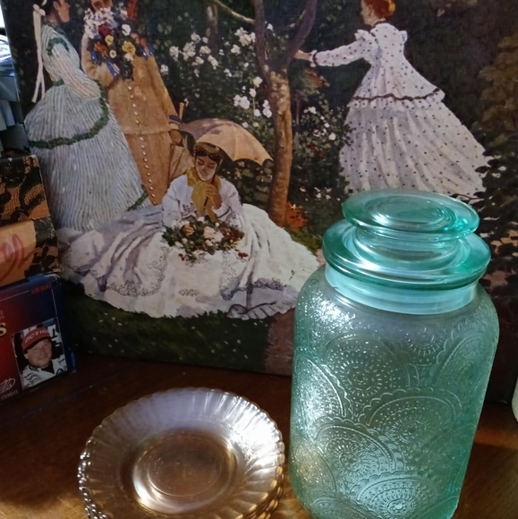 5 Vintage Fortecrisa pink glass saucers set. &Adeline Blue Cookie Jar,Nice ๐ป๐ - Picture 11 of 15